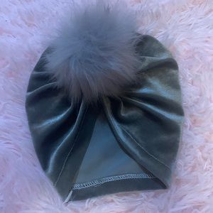 Silver/Grey Velour Toddler Turban Style Hat with Faux Fur Pom Pom